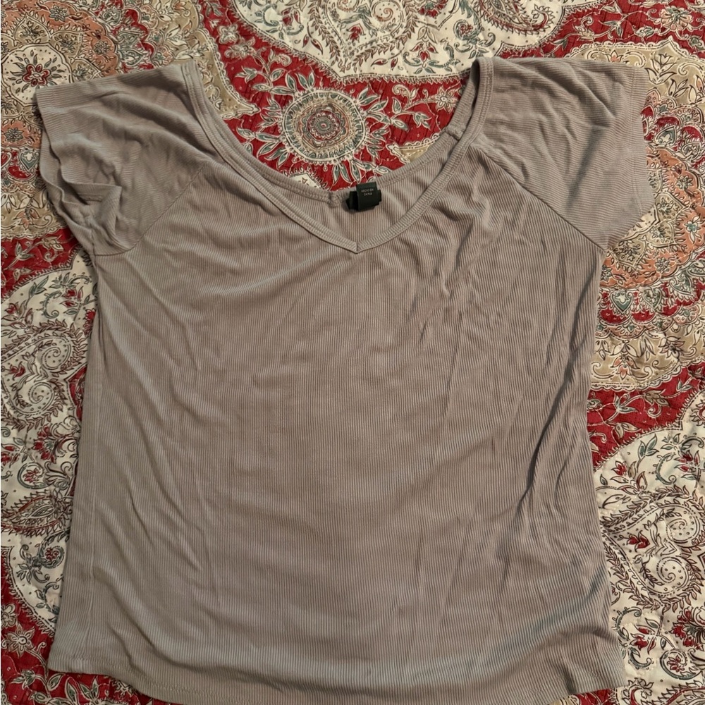 Women's Ribbed V-Neck Short Sleeve Top - grey